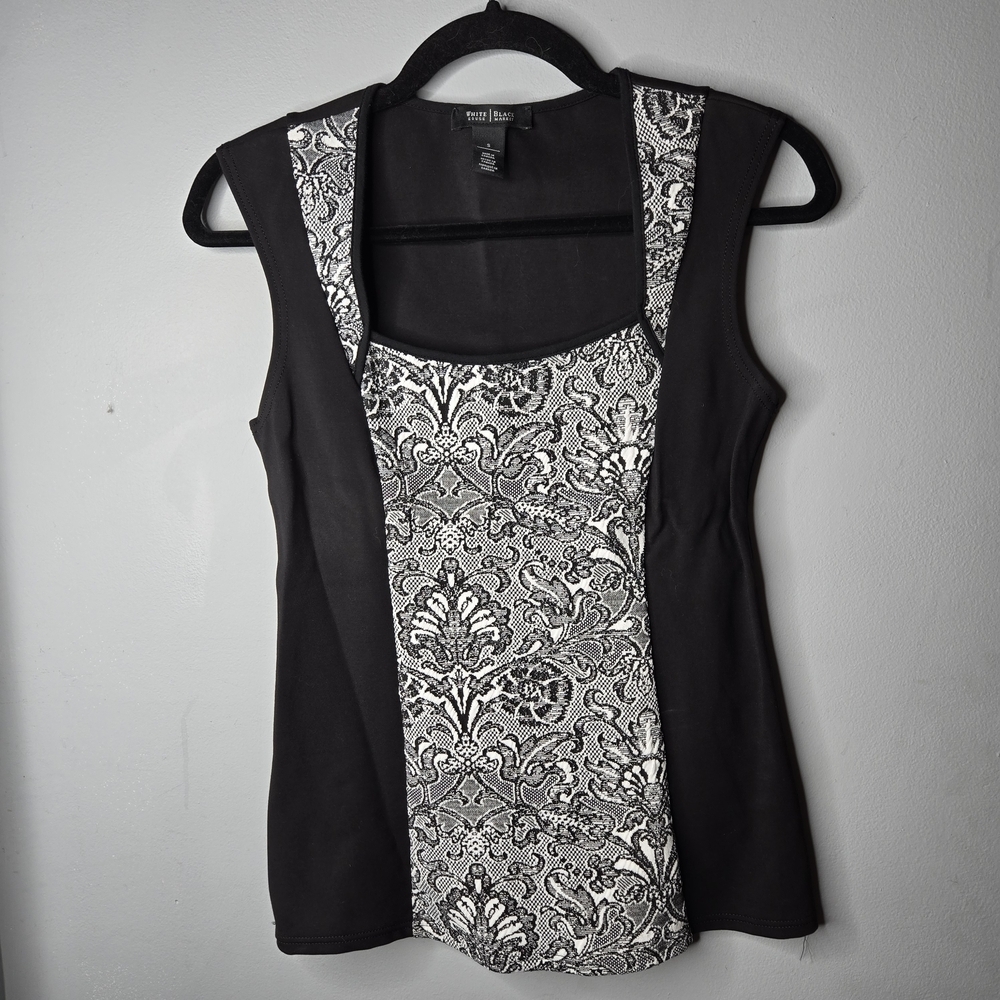 White House Black Market Sleeveless Black & White Brocade Panel Top Size S Work